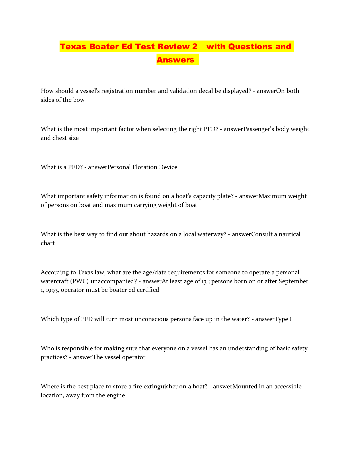 Preview of Texas Boater Ed Test Review 2 with Questions and Answers